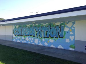 Colorful murals like this one reinforce the school's core values on campus.
