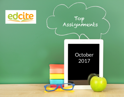 Image is a green background with light wood table; blue and yellow eyeglasses on table in front of orange, yellow, blue, and red books; green apple; tablet; Edcite logo in white, orange, green; 'Most Popular Assignments' written on green background; 'October 2017' written on tablet
